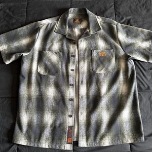 XL FB County short sleeve button up. Olive, green, gray and navy blue mix.